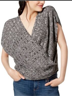 Eileen Fisher Silk & Linen Surplice Knit Top Medium Quiet Luxury